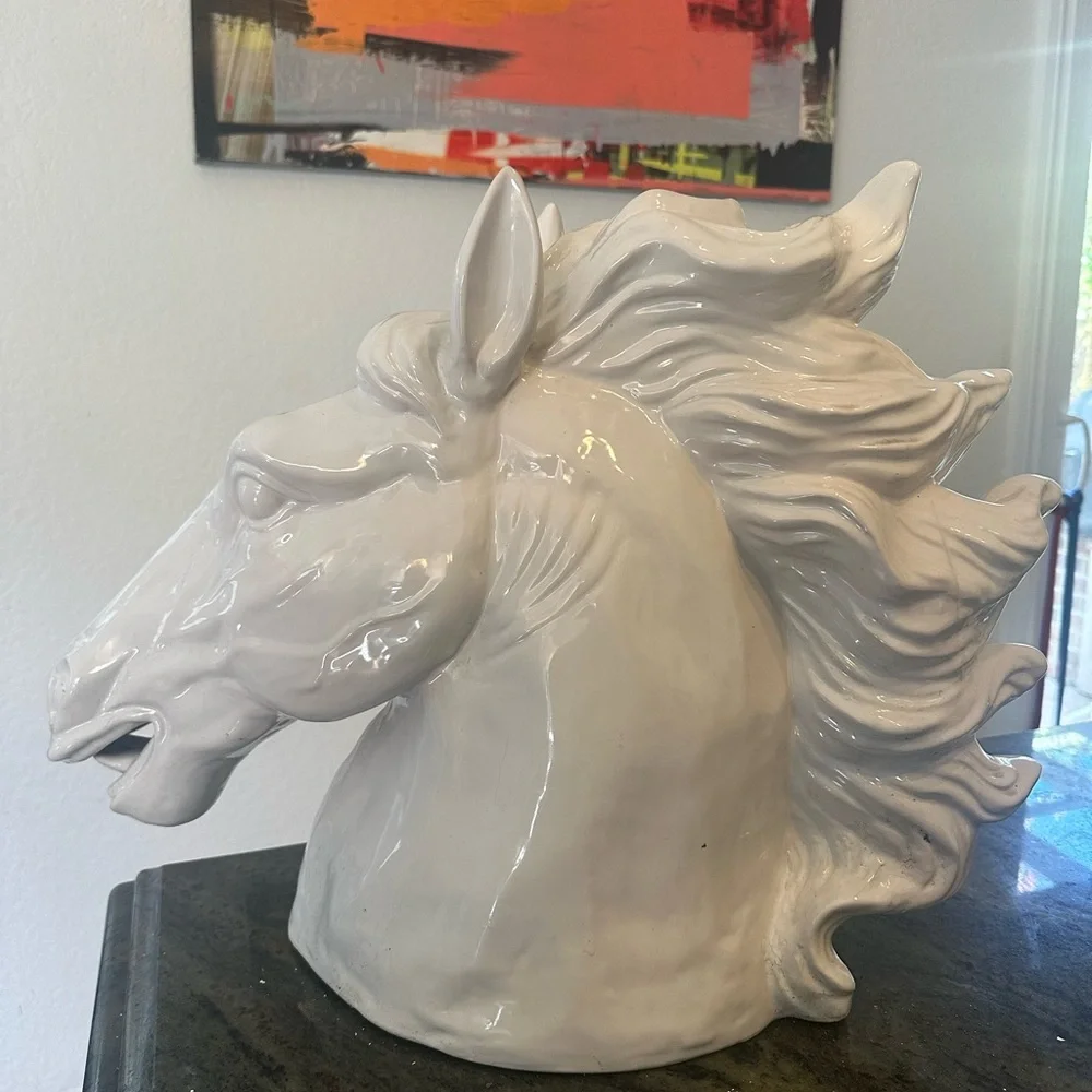 Large scale white neo-classical style ceramic horse bust statue